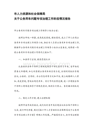 市人力资源和社会保障局关于公务用车问题专项治理工作阶段情况报告.doc