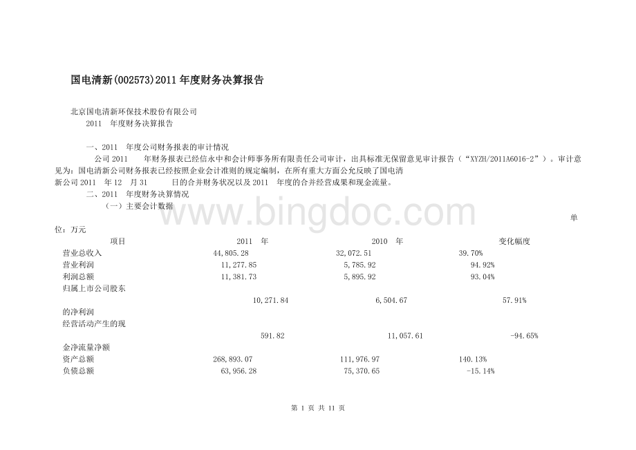 国电清新(002573)2011年度财务决算报告Word下载.doc