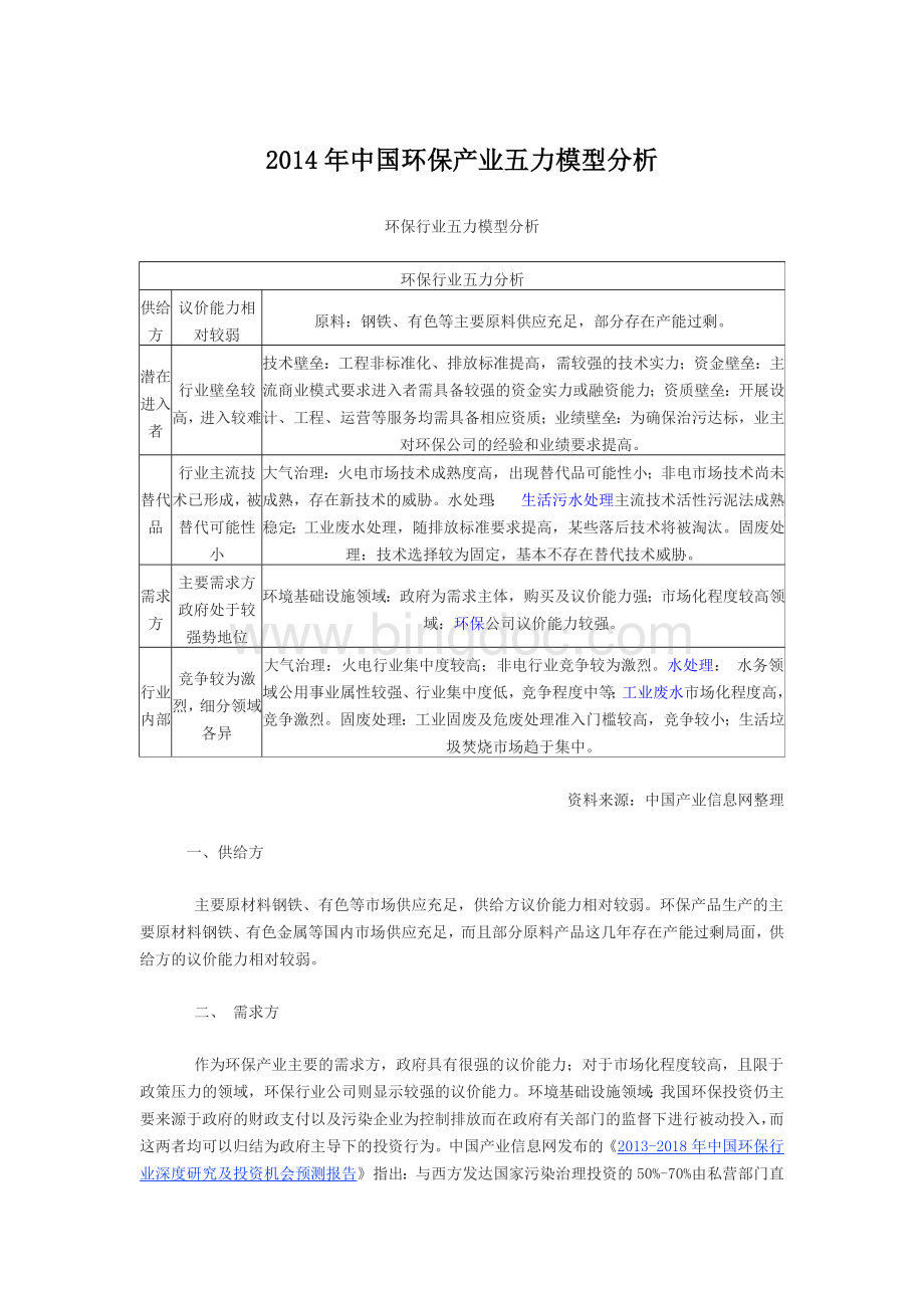 中国环保产业五力模型分析Word格式文档下载.docx