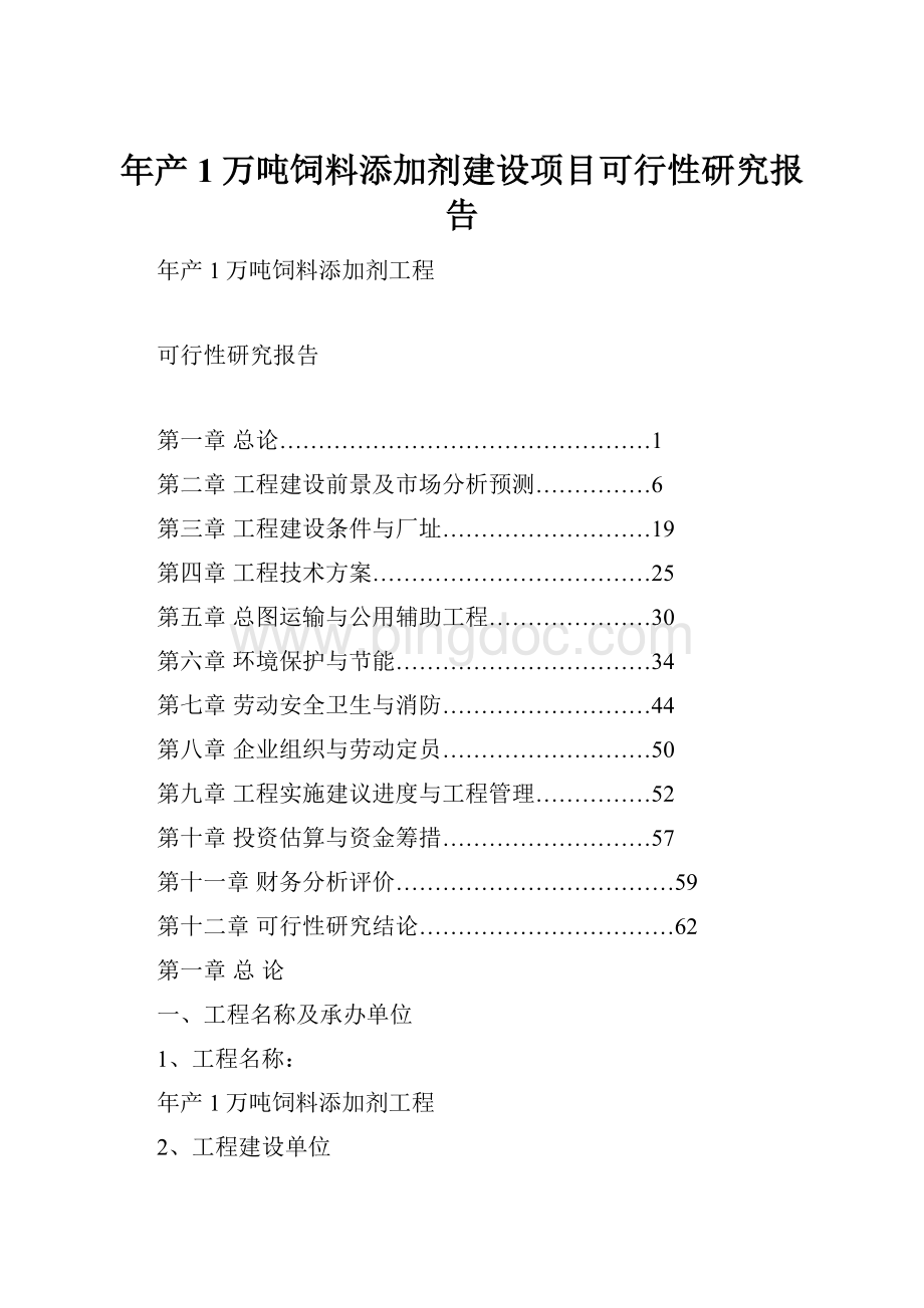 年产1万吨饲料添加剂建设项目可行性研究报告Word格式.docx_第1页