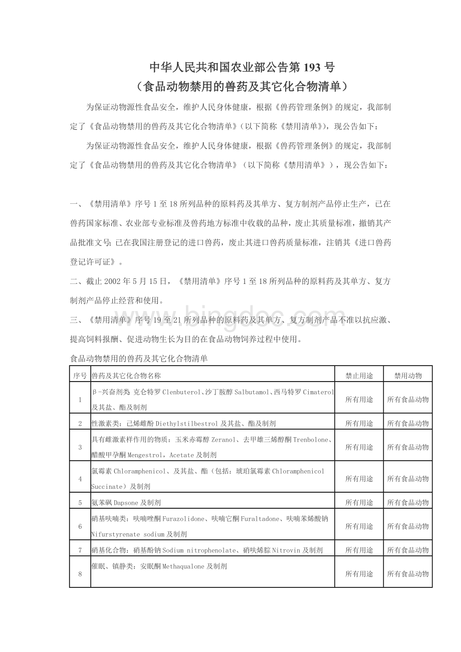中华人民共和国农业部公告第193号食品动物禁用的兽药及其它化合物清单.doc_第1页