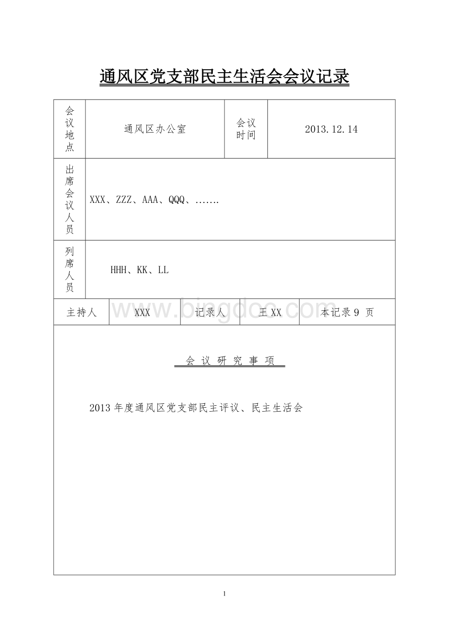 通风区党支部民主生活会会议记录1Word下载.doc