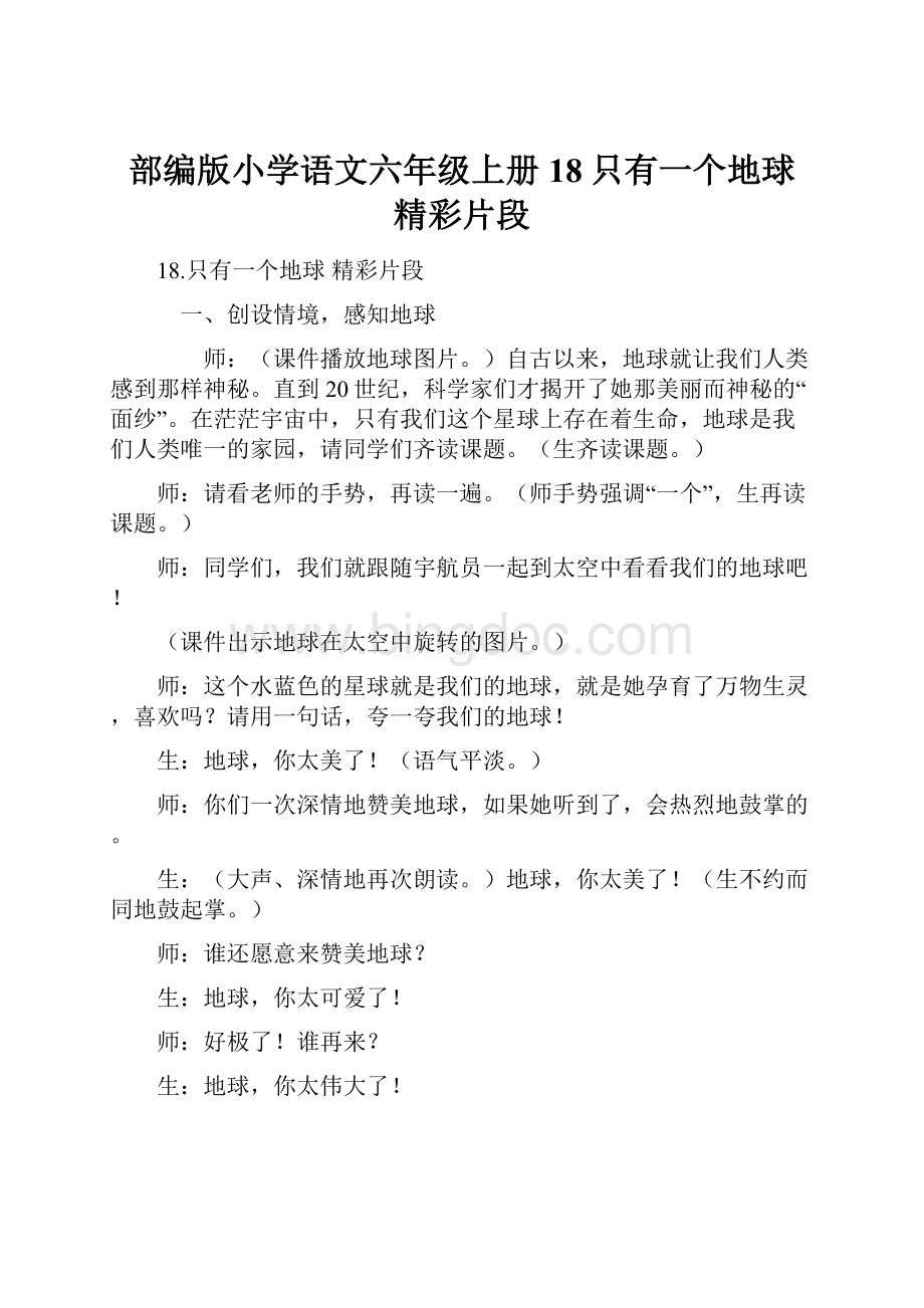 部编版小学语文六年级上册18只有一个地球 精彩片段.docx