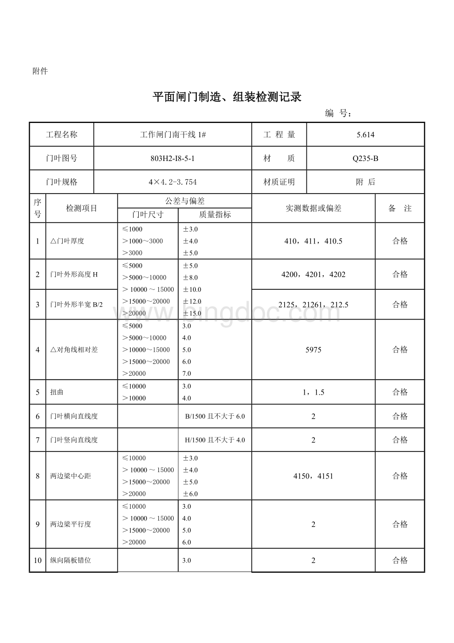 平面闸门门页制作检测记录表南干线1Word文档格式.doc_第3页