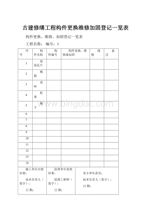 古建修缮工程构件更换维修加固登记一览表Word下载.docx