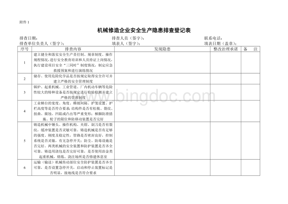 机械修造企业安全生产隐患排查登记表.doc_第1页