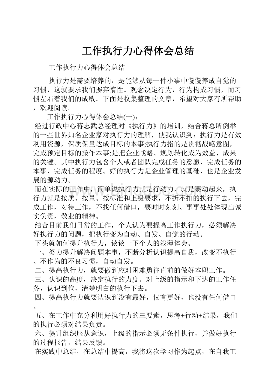 工作执行力心得体会总结Word格式文档下载.docx