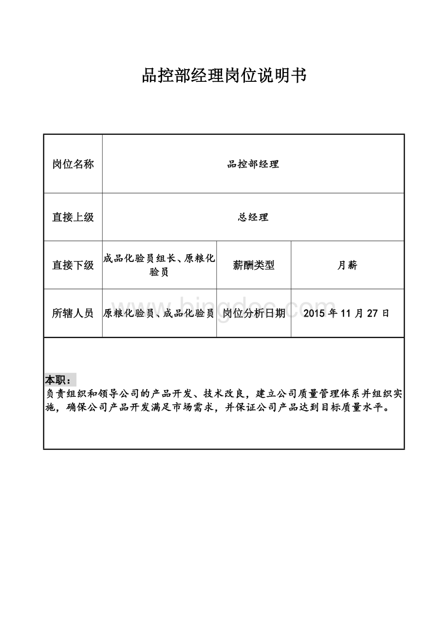 品控部经理岗位说明书Word文档格式.doc_第1页