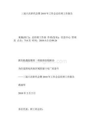 国电阳宗海发电公司三届六次职代会暨2010年工作会总经理工作报告.doc