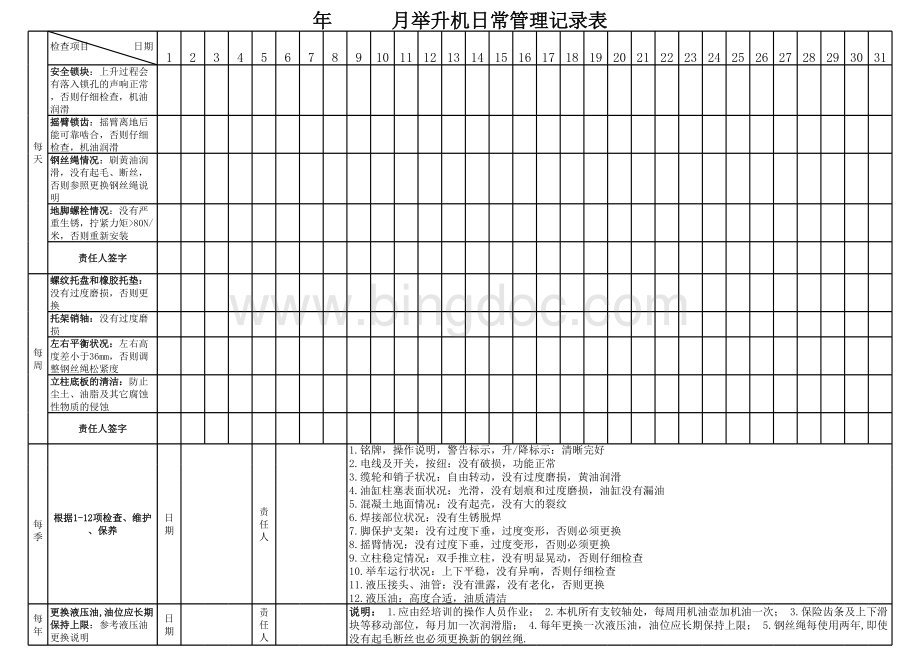 举升机检查表表格文件下载.xls