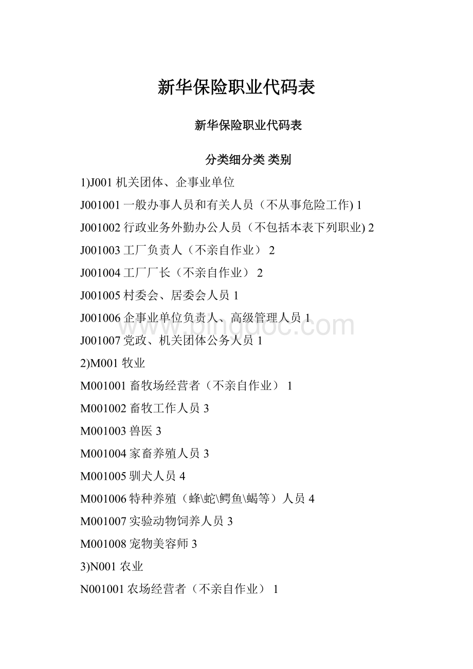 新华保险职业代码表.docx_第1页