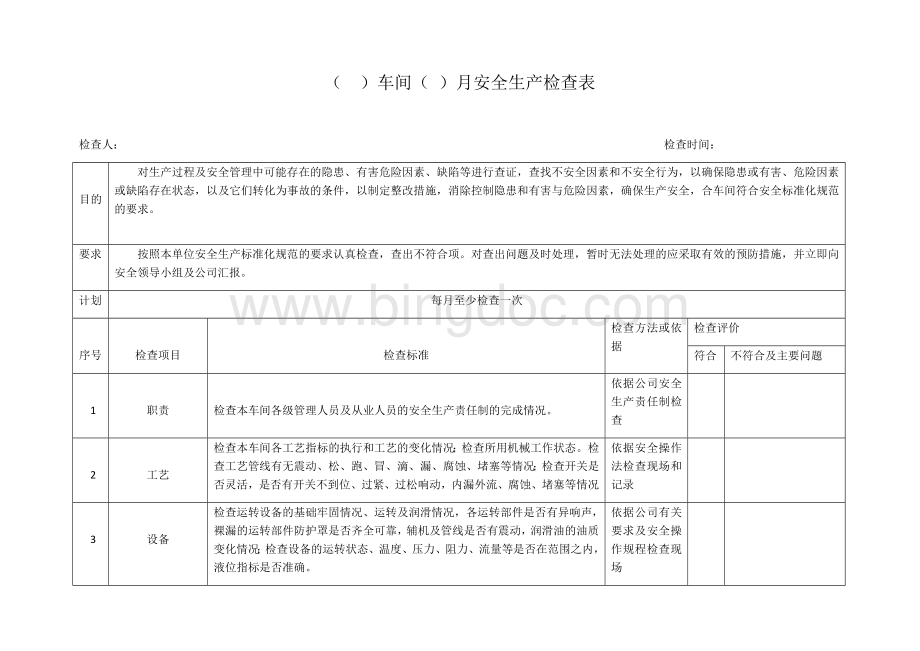 车间安全生产检查表.docx