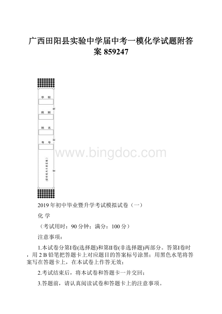 广西田阳县实验中学届中考一模化学试题附答案859247.docx_第1页