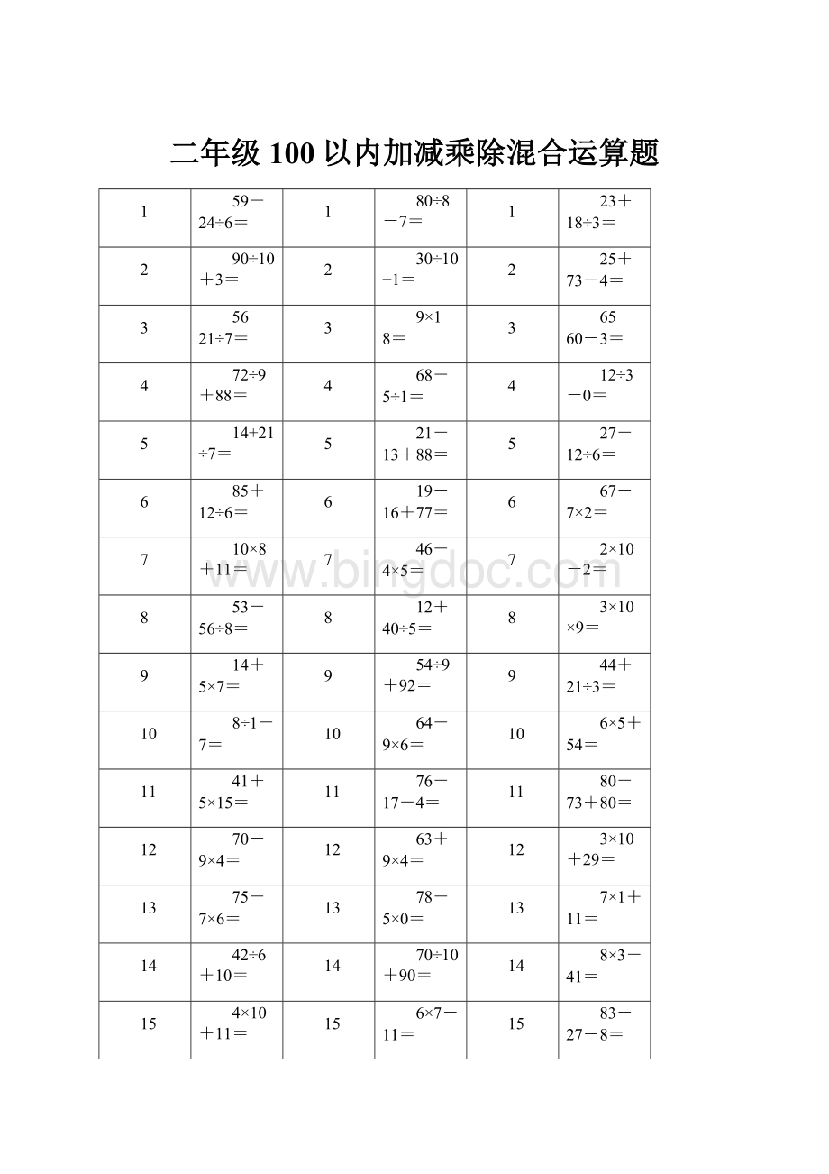 二年级100以内加减乘除混合运算题.docx_第1页