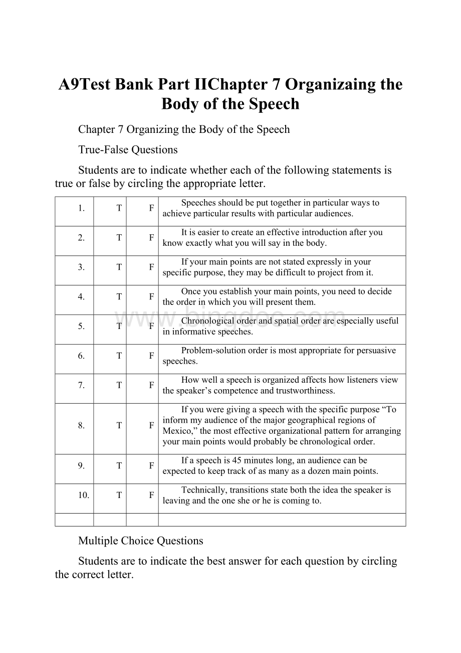 A9Test Bank Part IIChapter 7 Organizaing the Body of the SpeechWord下载.docx