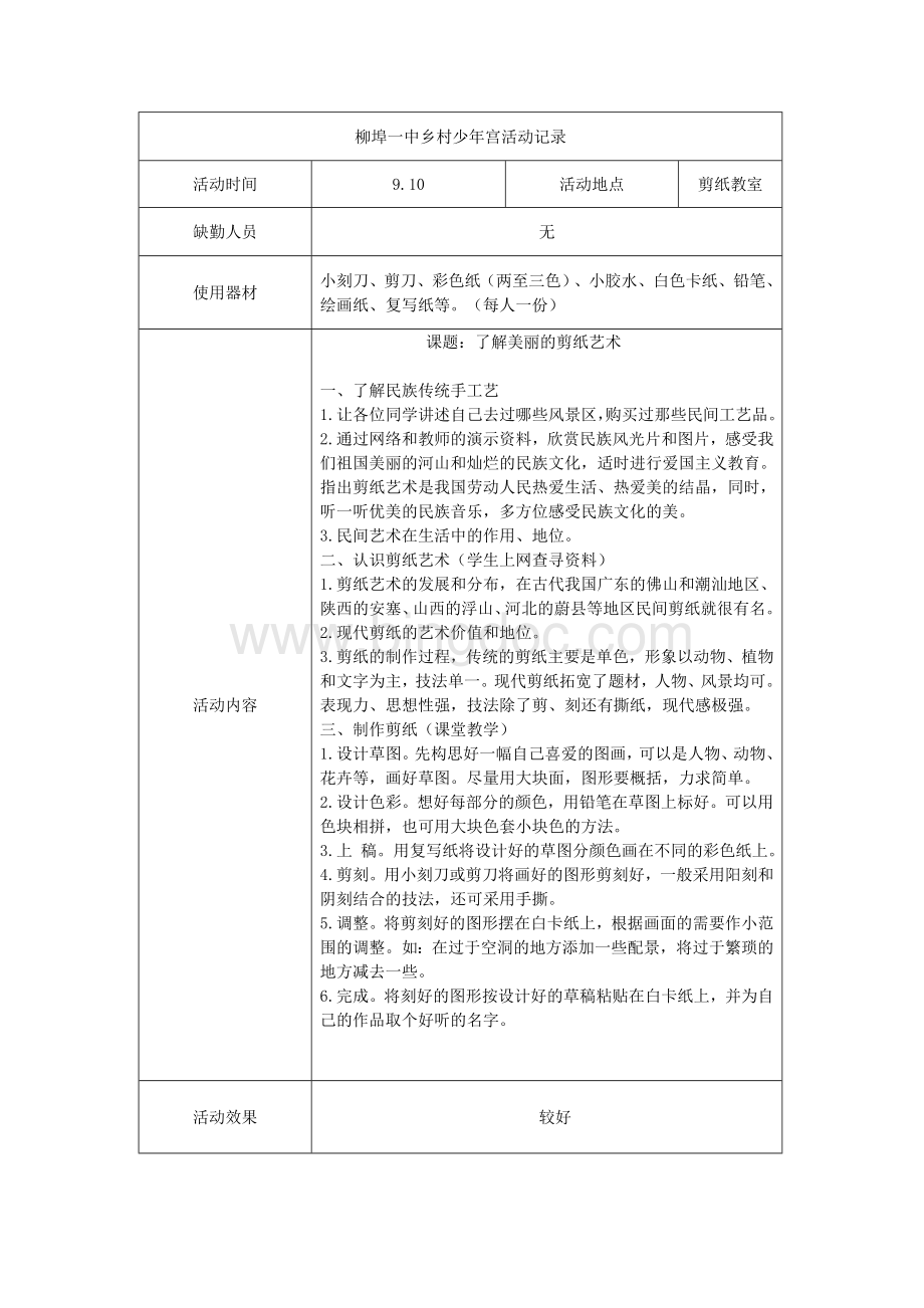 柳埠一中乡村少年宫剪纸社团活动记录.doc_第1页