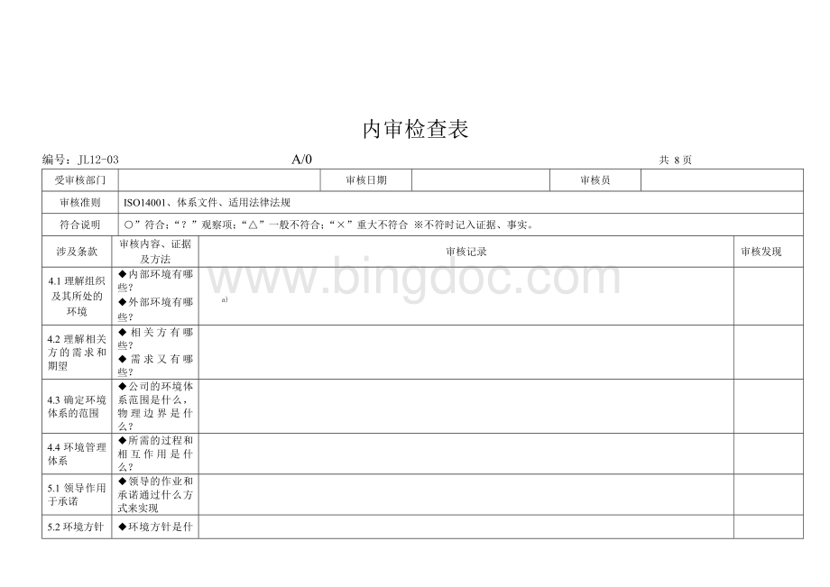 2015新版环境管理体系内审检查表.doc