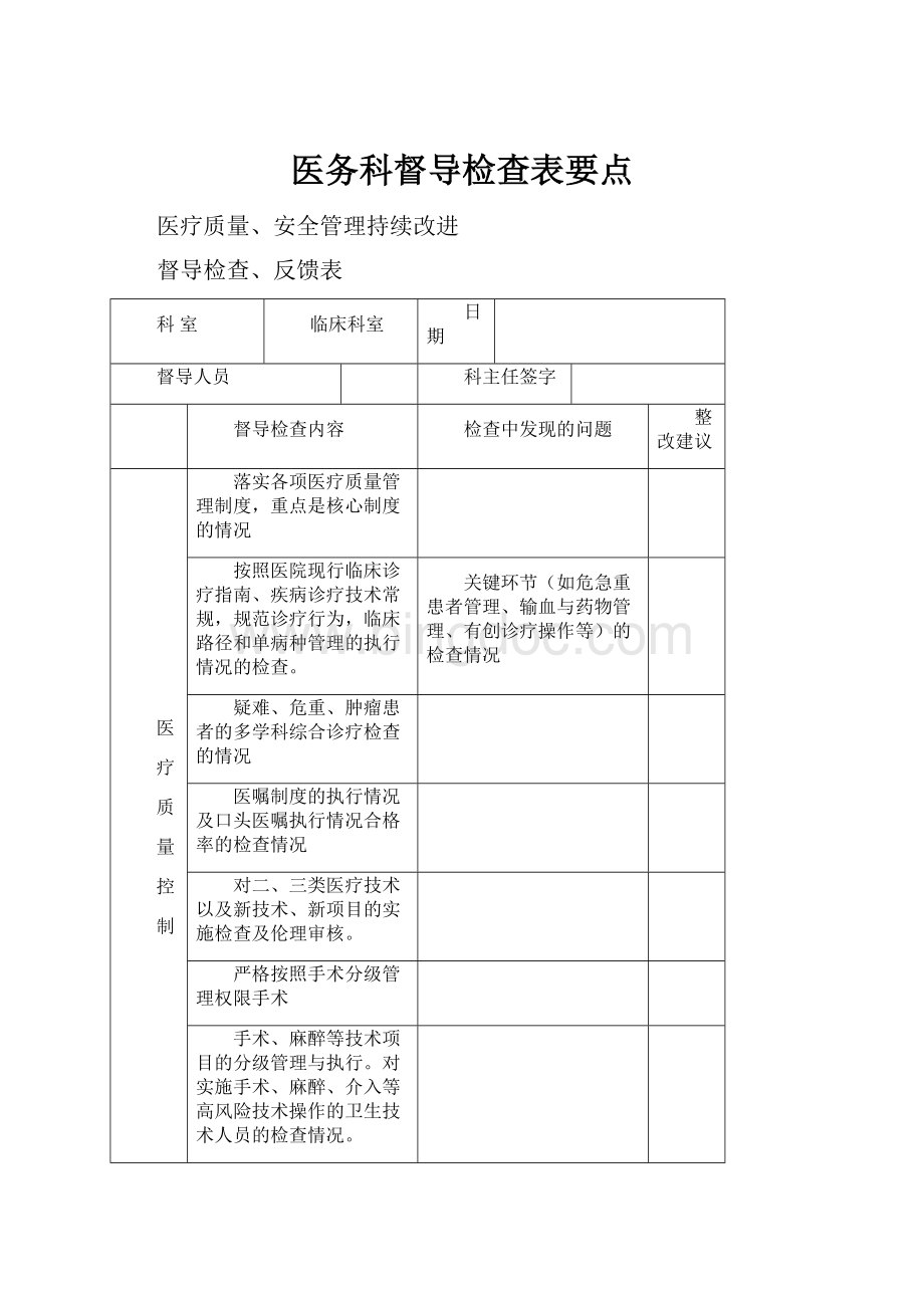 医务科督导检查表要点Word文件下载.docx