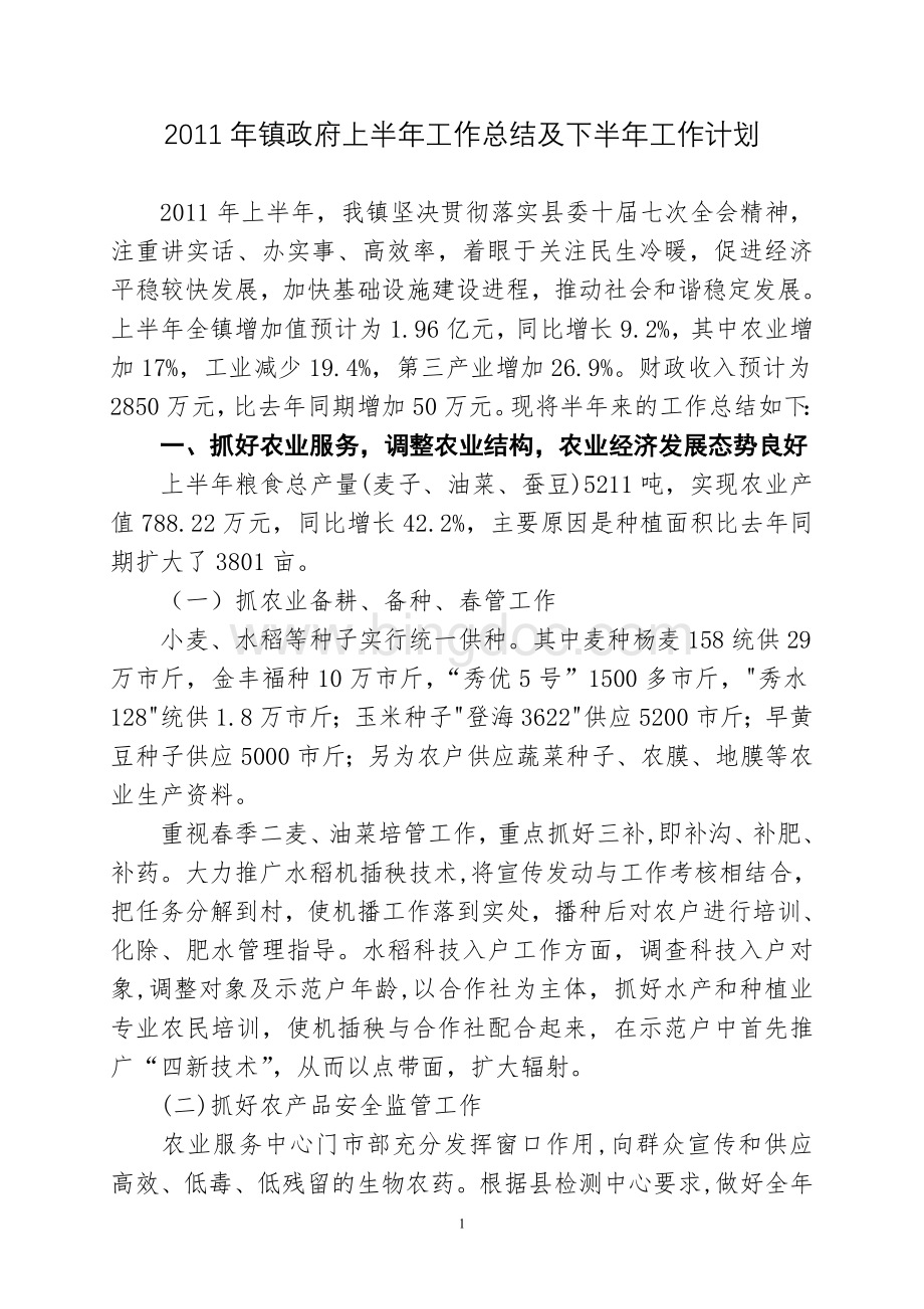 镇政府上半年工作总结及下半年工作计划.doc