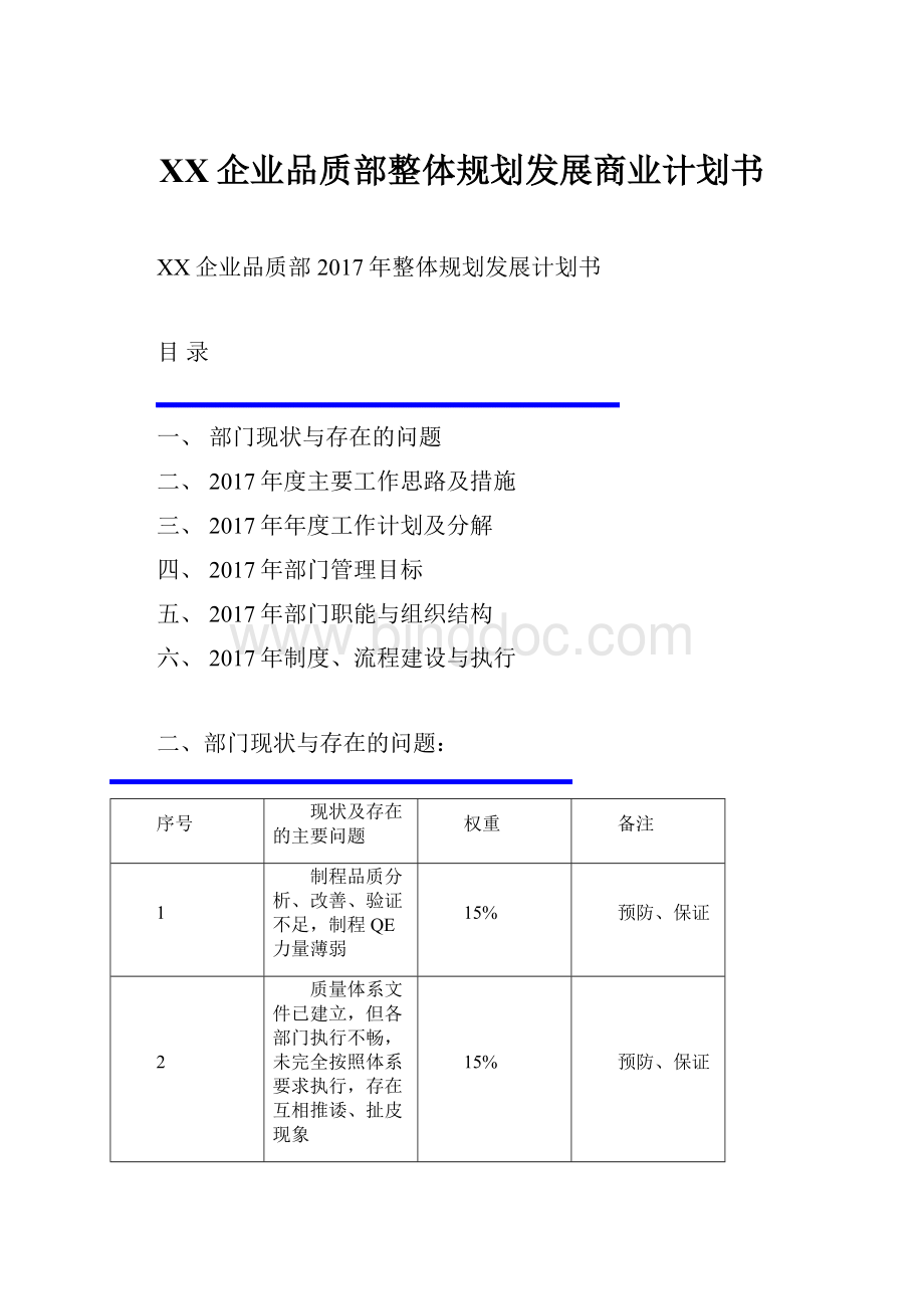 XX企业品质部整体规划发展商业计划书Word下载.docx