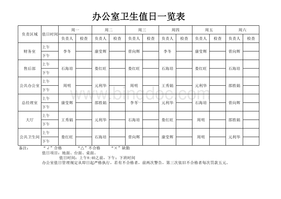 办公室值日检查表.xls_第1页