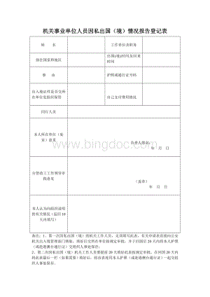 机关事业单位人员因私出国境情况报告登记表Word文件下载.doc