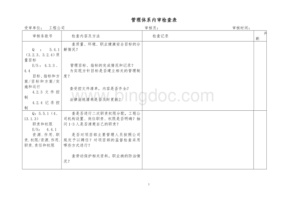 工程公司内部审核检查表Word文档下载推荐.doc_第1页