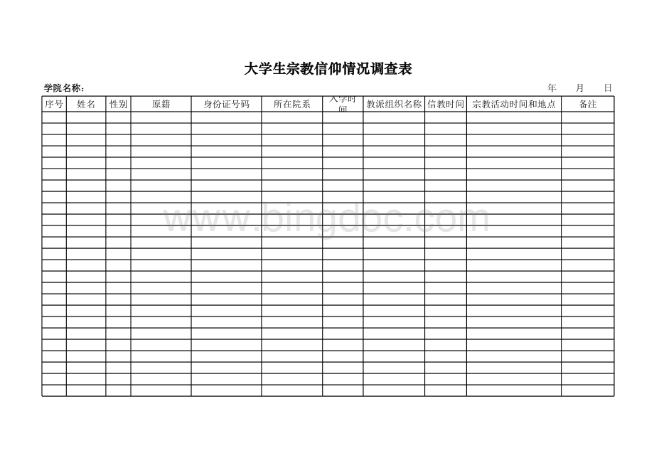 大学生宗教信仰情况调查表表格文件下载.xls_第1页