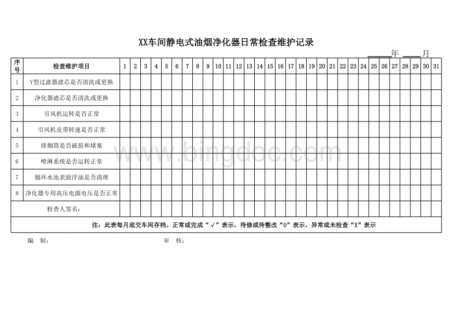 油烟净化器日常检查维护记录表格文件下载.xls