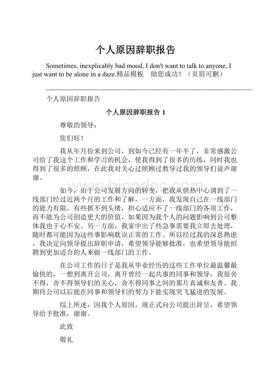 个人原因辞职报告Word格式.docx