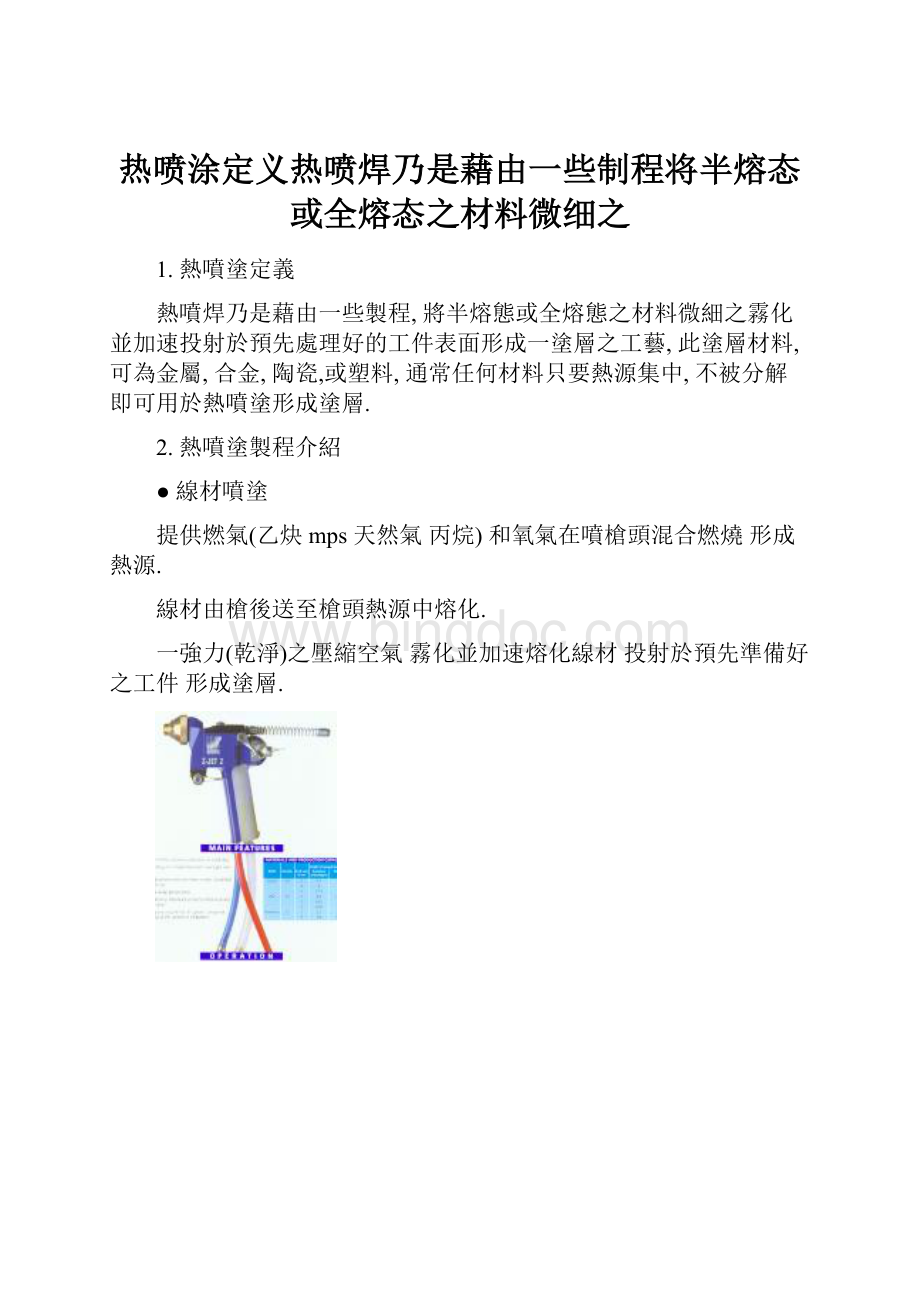 热喷涂定义热喷焊乃是藉由一些制程将半熔态或全熔态之材料微细之Word文档格式.docx_第1页