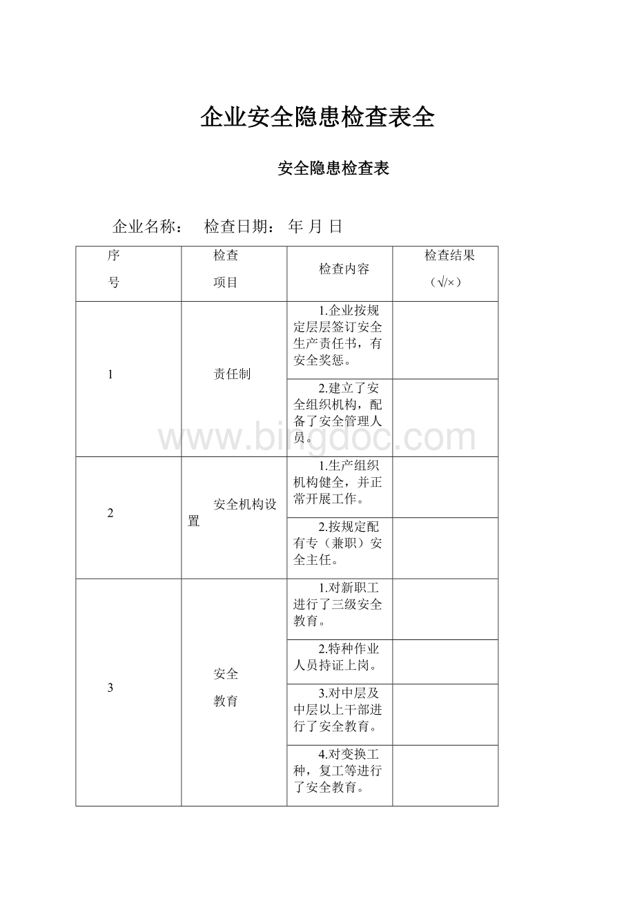 企业安全隐患检查表全文档格式.docx_第1页