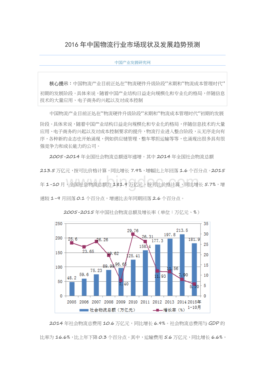 2016年中国物流行业市场现状及发展趋势预测Word格式文档下载.docx