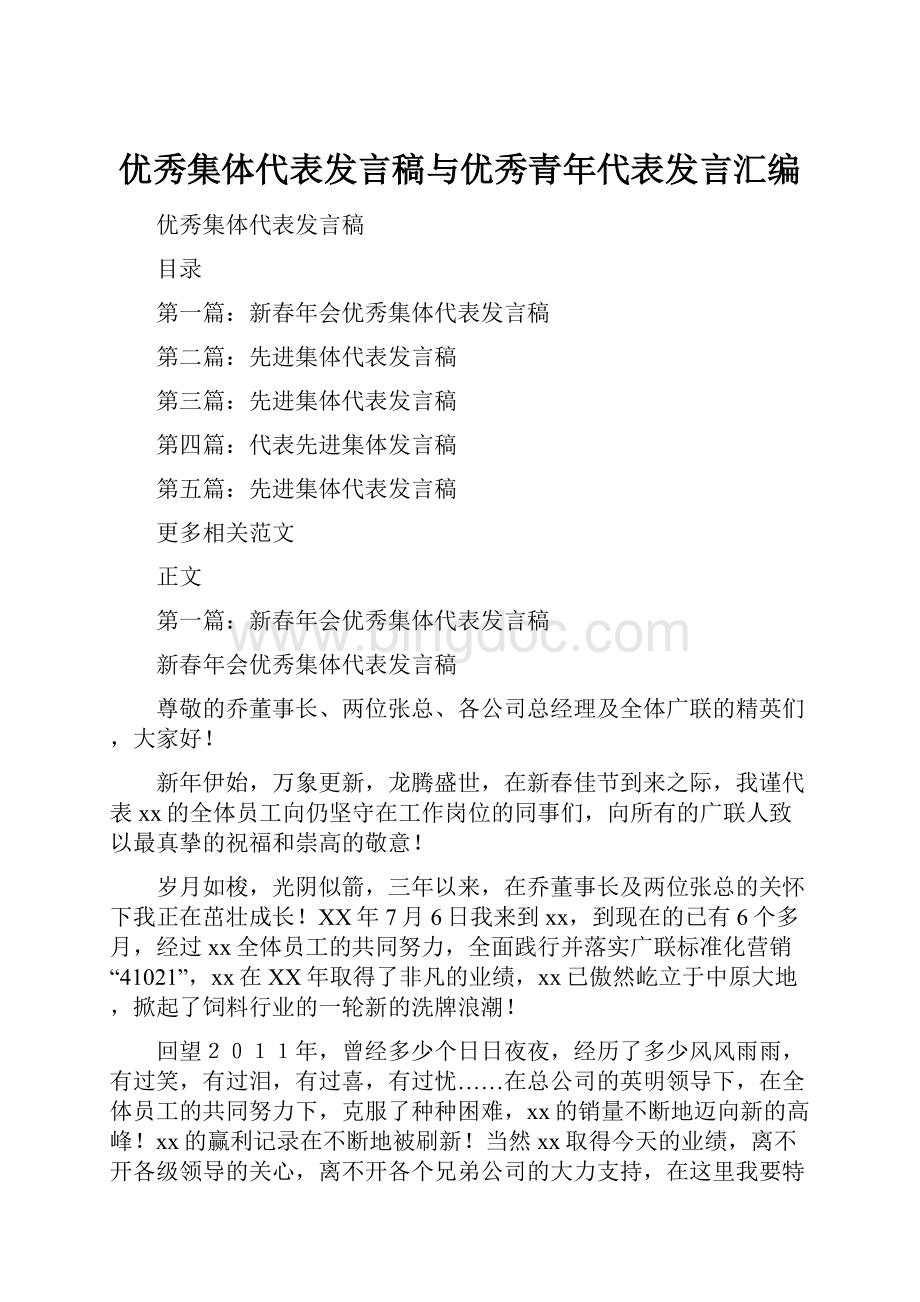 优秀集体代表发言稿与优秀青年代表发言汇编Word格式.docx