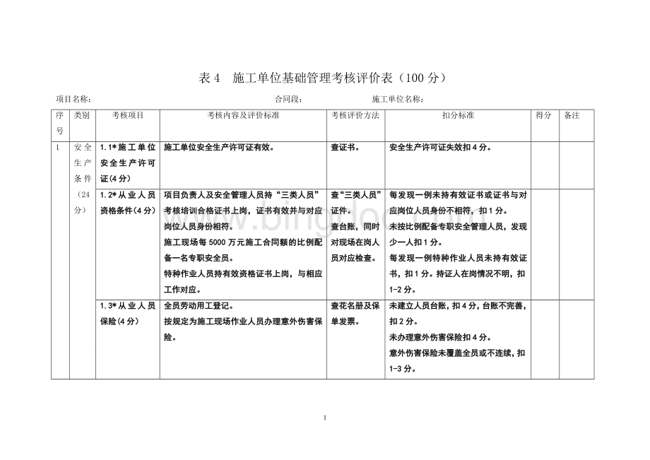 平安工地工地考核自评表.doc