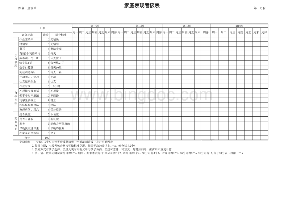 小学生(儿子)一周学习行为表现奖励表.xls_第1页