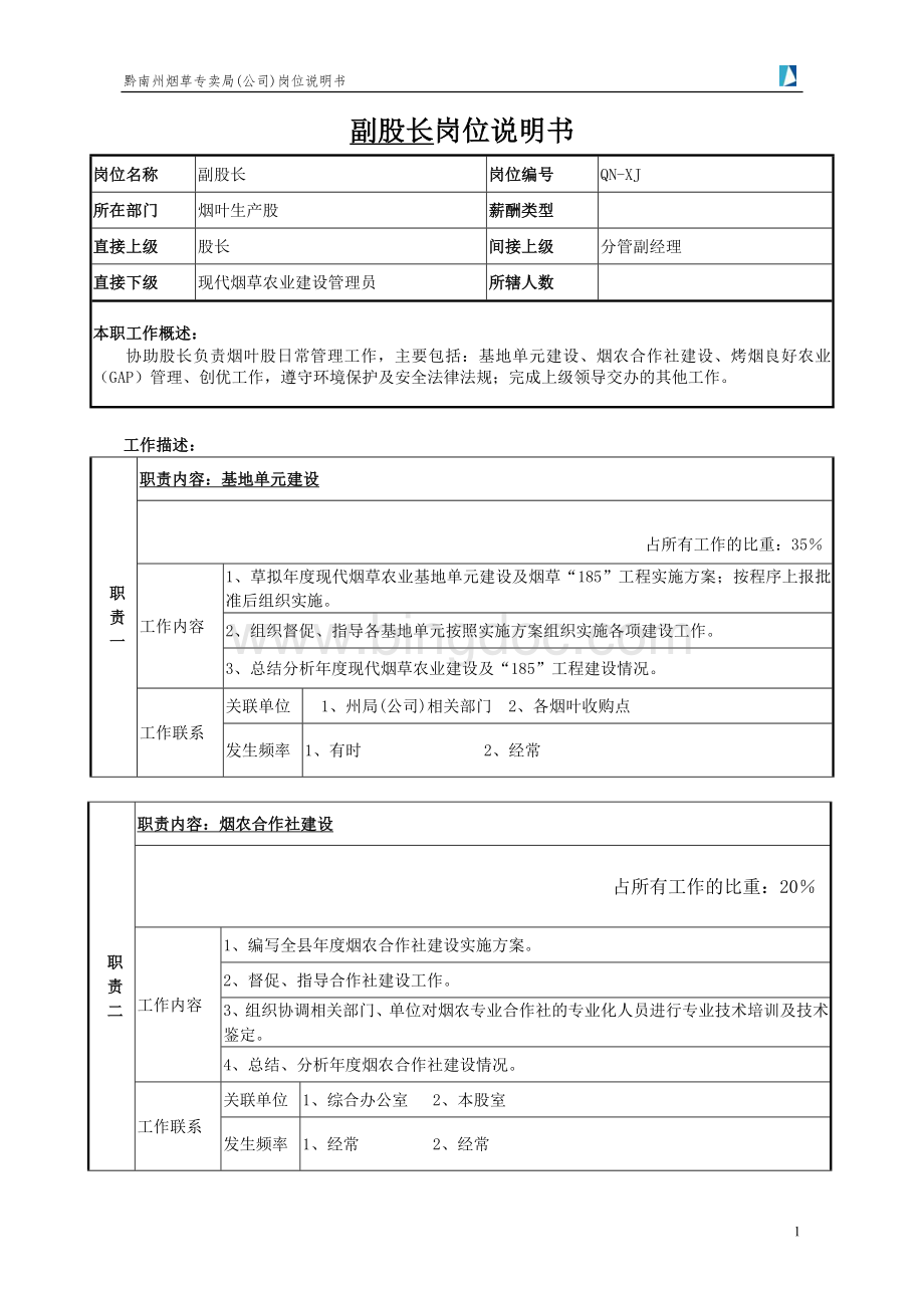 副股长岗位说明书.doc_第1页