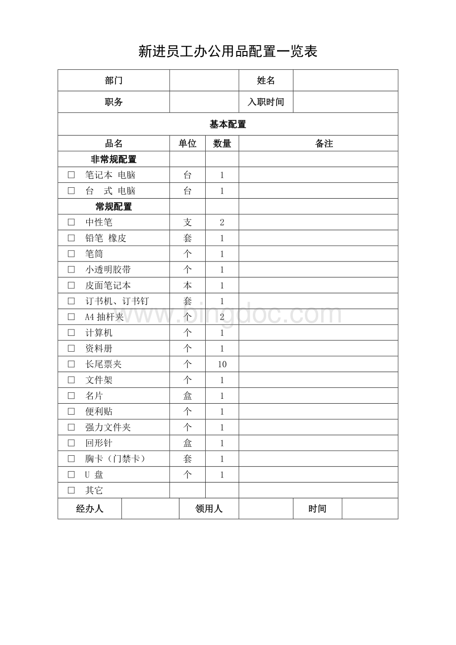 新进员工办公用品配置一览表文档格式.docx_第1页