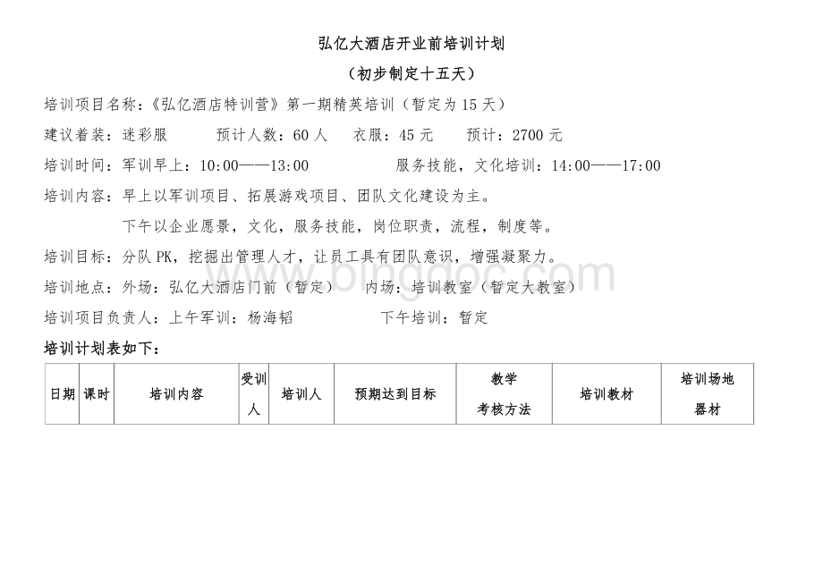 弘亿大酒店开业前培训计划[1].doc