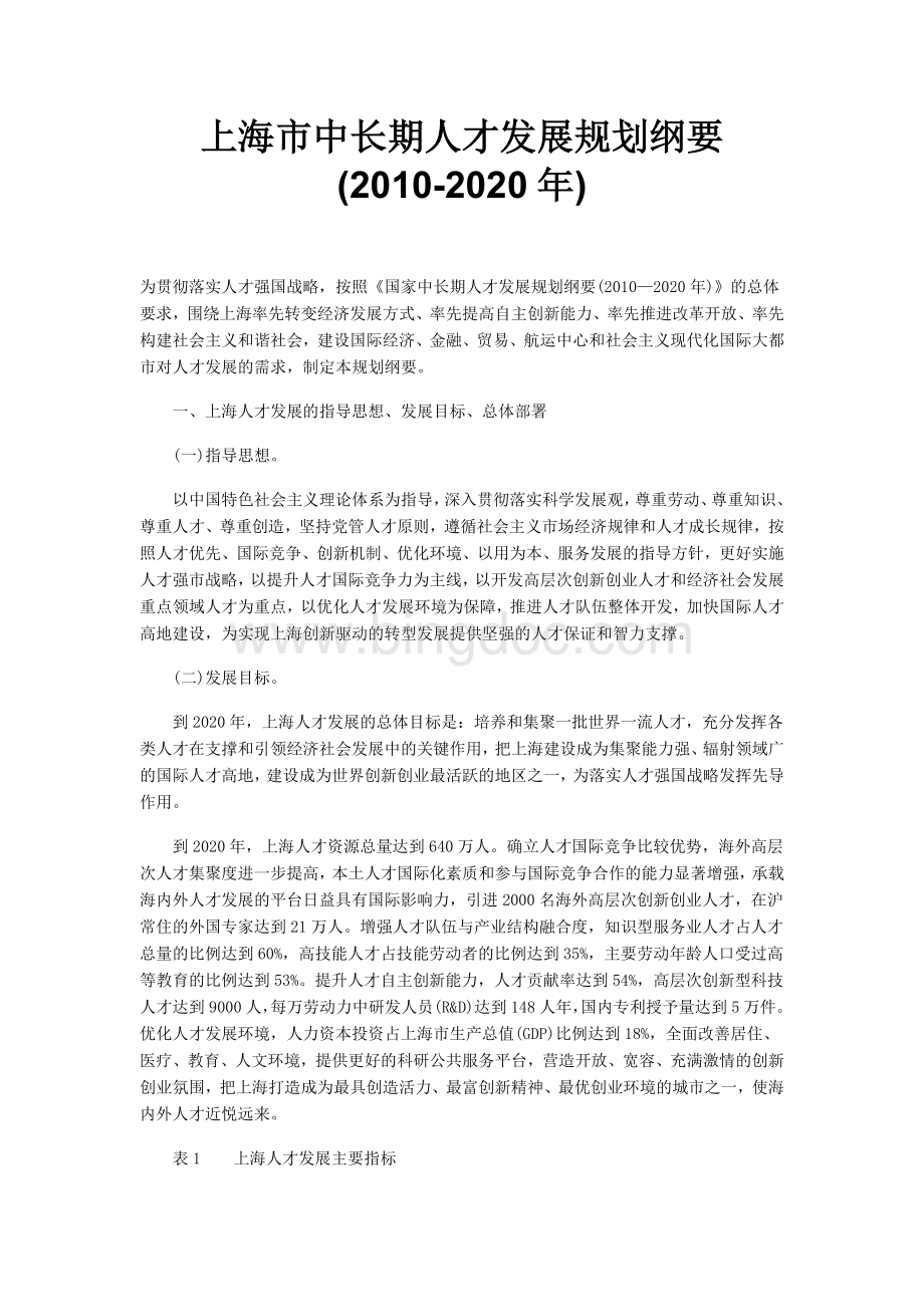 上海市中长期人才发展规划纲要(2010-2020年).doc