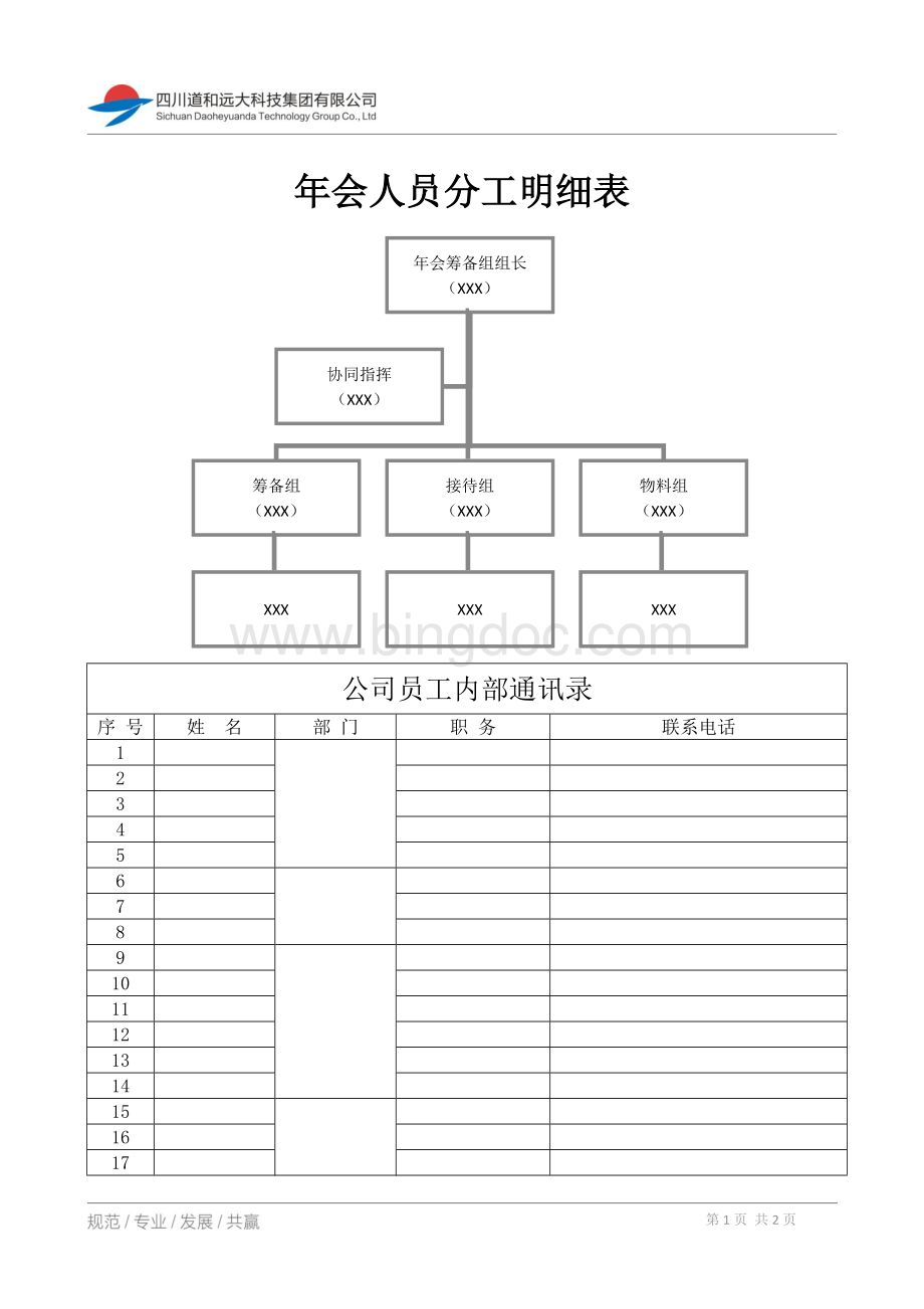 集团公司年会岗位职责分工明细表Word格式文档下载.docx_第1页