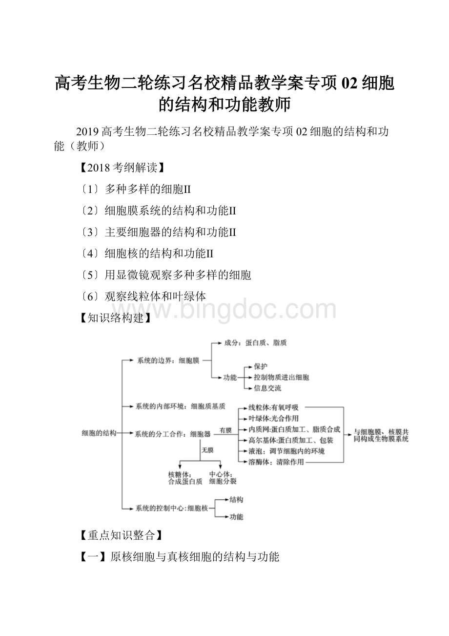 高考生物二轮练习名校精品教学案专项02细胞的结构和功能教师Word格式.docx_第1页