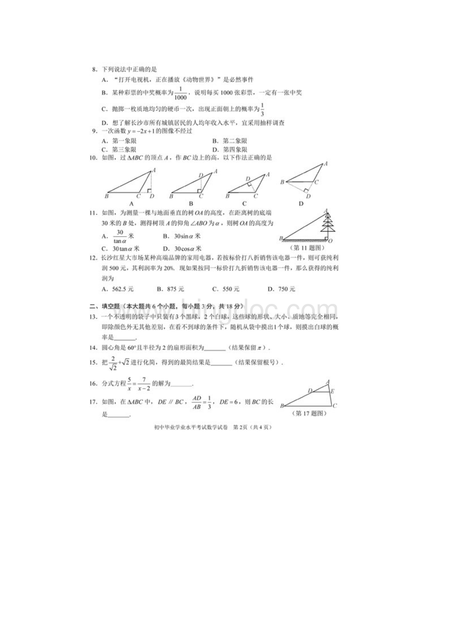 长沙市初中毕业学业水平考试数学Word文件下载.docx_第2页