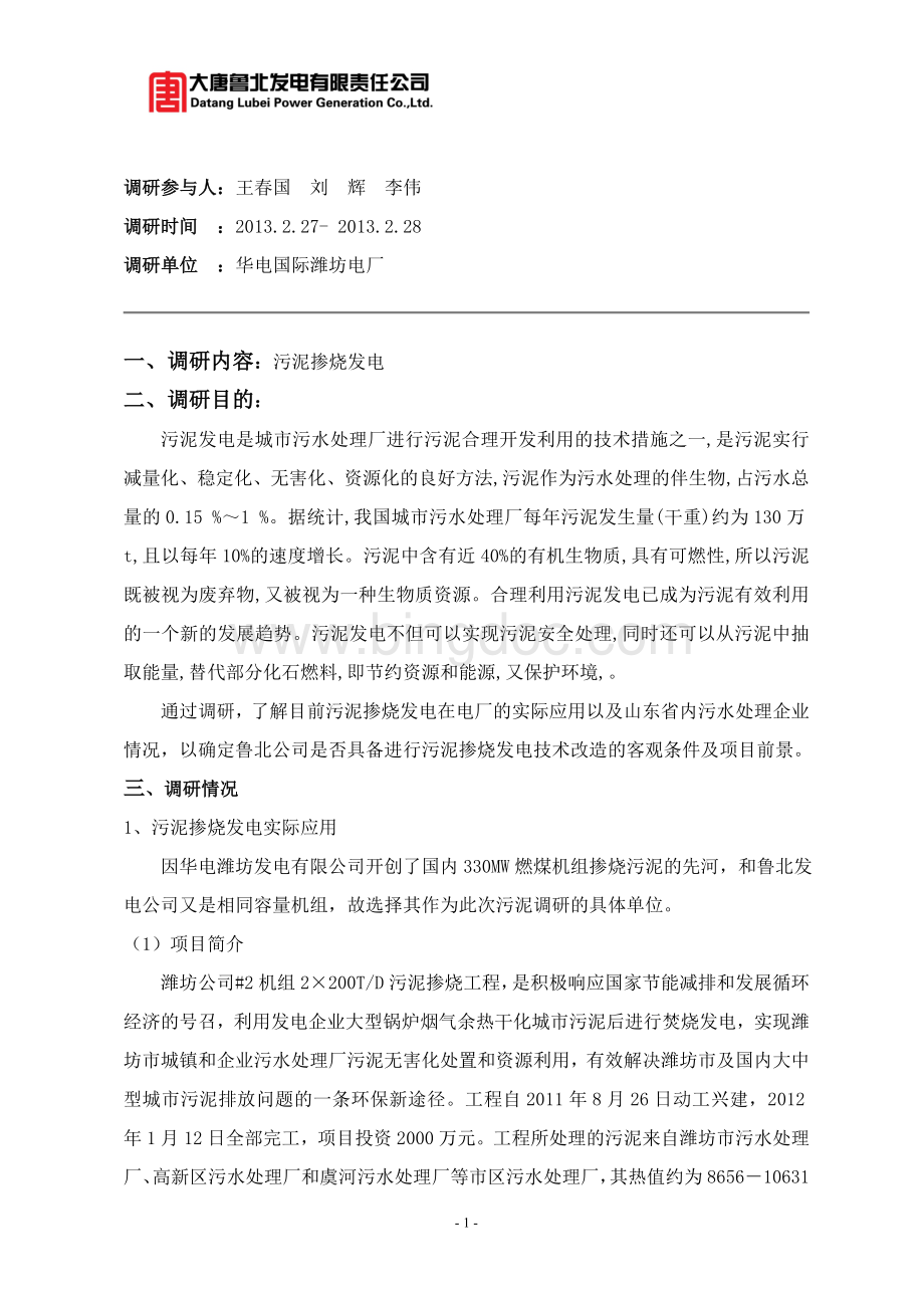 大唐鲁北发电有限公司污泥发电调研报告.doc_第2页