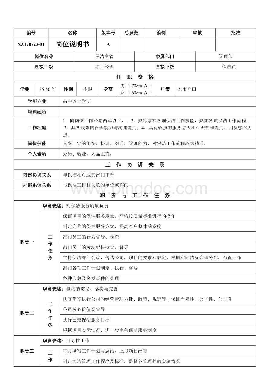 岗位描述保洁主管Word文档格式.doc