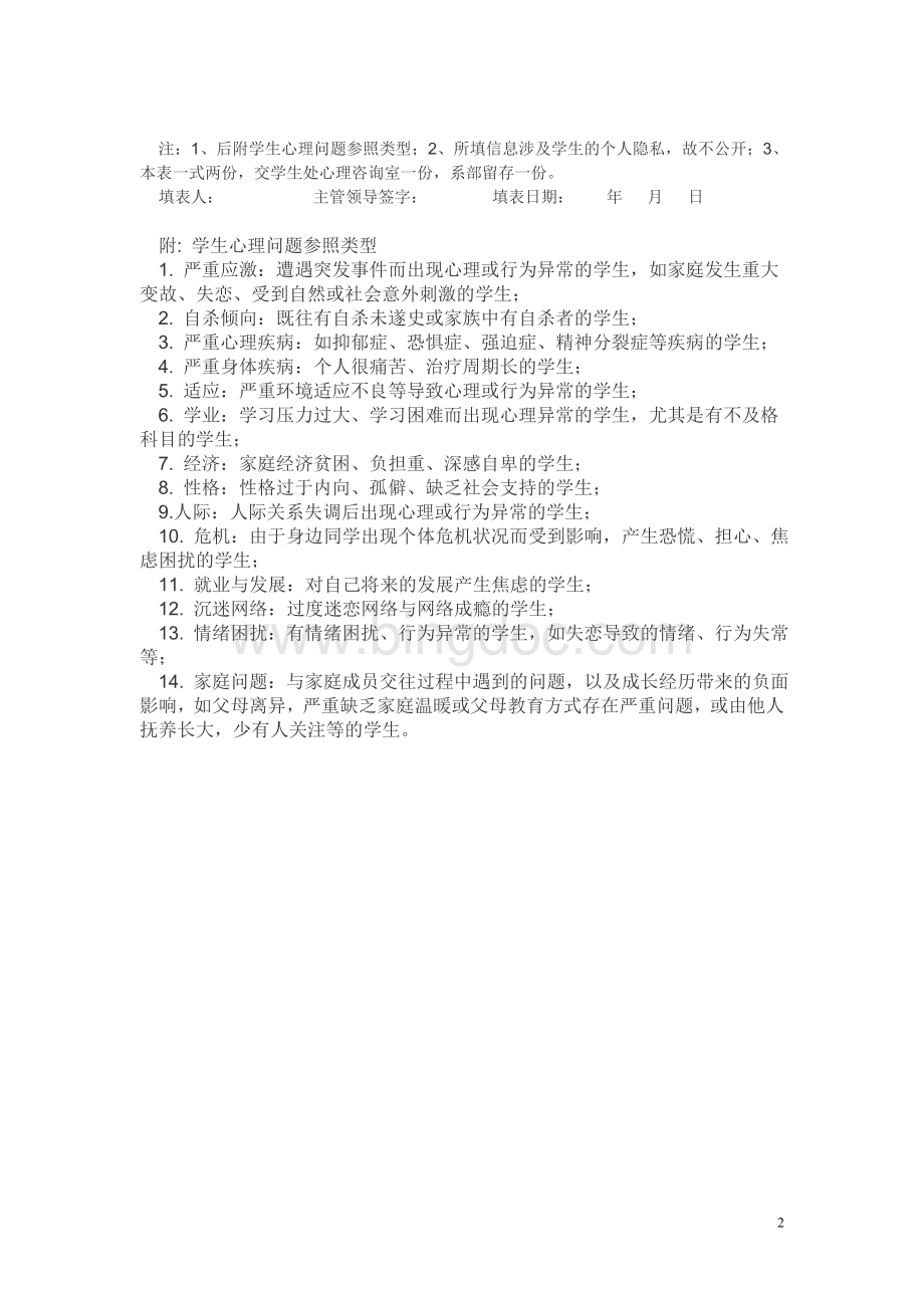 心理健康状况排查问题学生登记表样表.doc_第2页