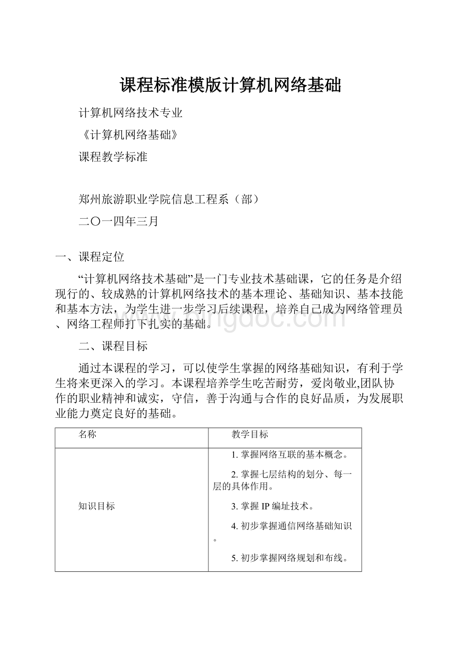 课程标准模版计算机网络基础Word下载.docx