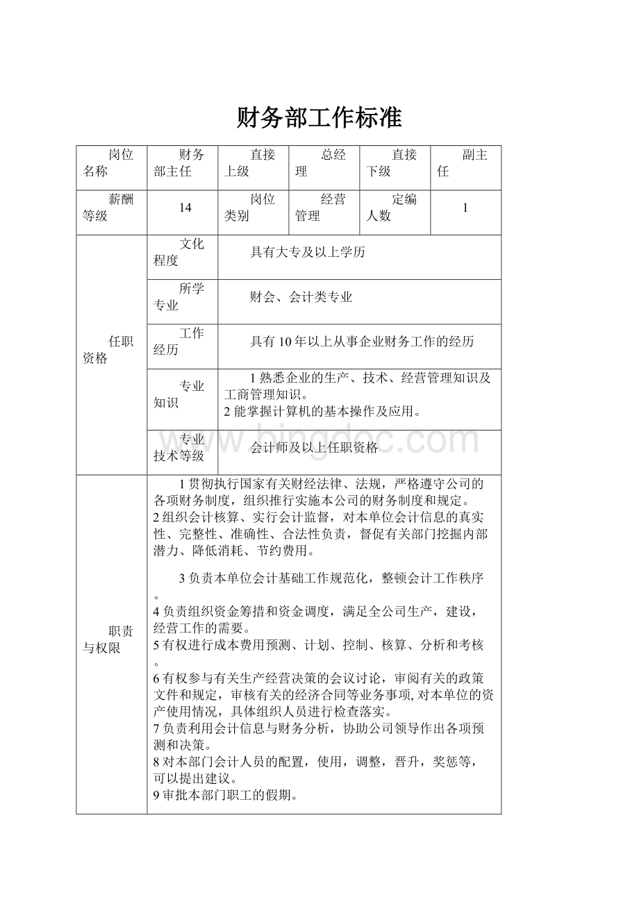 财务部工作标准.docx_第1页