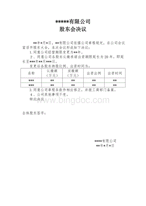 股东会决议及章程修正案(变更经营期限)文档格式.doc