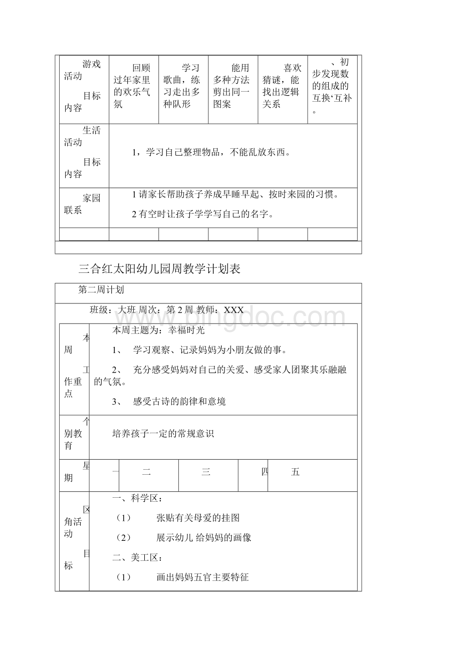 大班幼儿园周工作计划表Word文件下载.docx_第2页